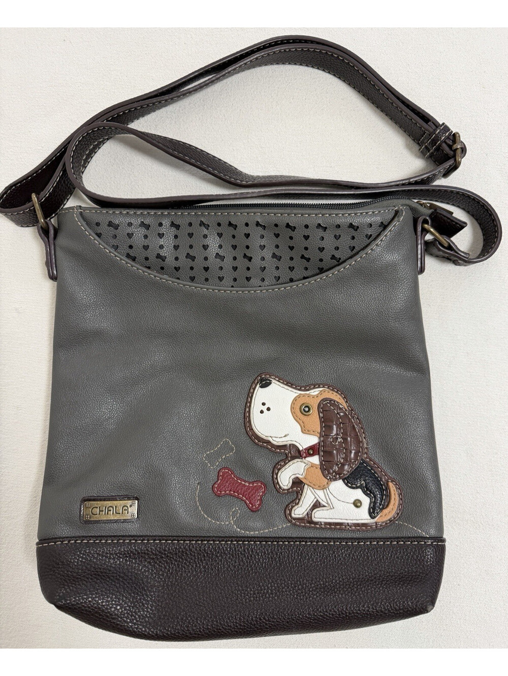 Chala Brown Gray Dog Crossbody Bag Womens Vegan Leather Patchwork Purse